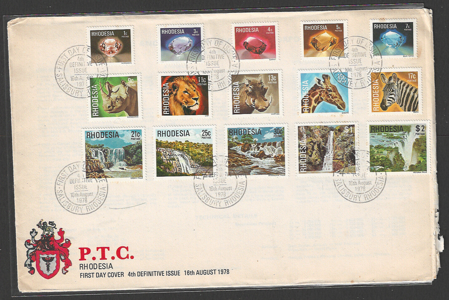 Rhodesia stamps 4th Definitive Complet set on FDC Gems, Animals, Waterfalls Theme , 1978  - CCC2319