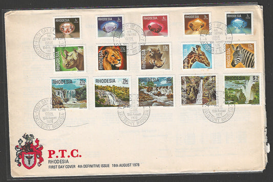 Rhodesia stamps 4th Definitive Complet set on FDC Gems, Animals, Waterfalls Theme , 1978  - CCC2319