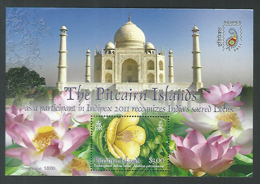 Pitcairn Islands Ms- Flowrs, Tajhahal with Indipex Logo 2011 – Mint – DS9235