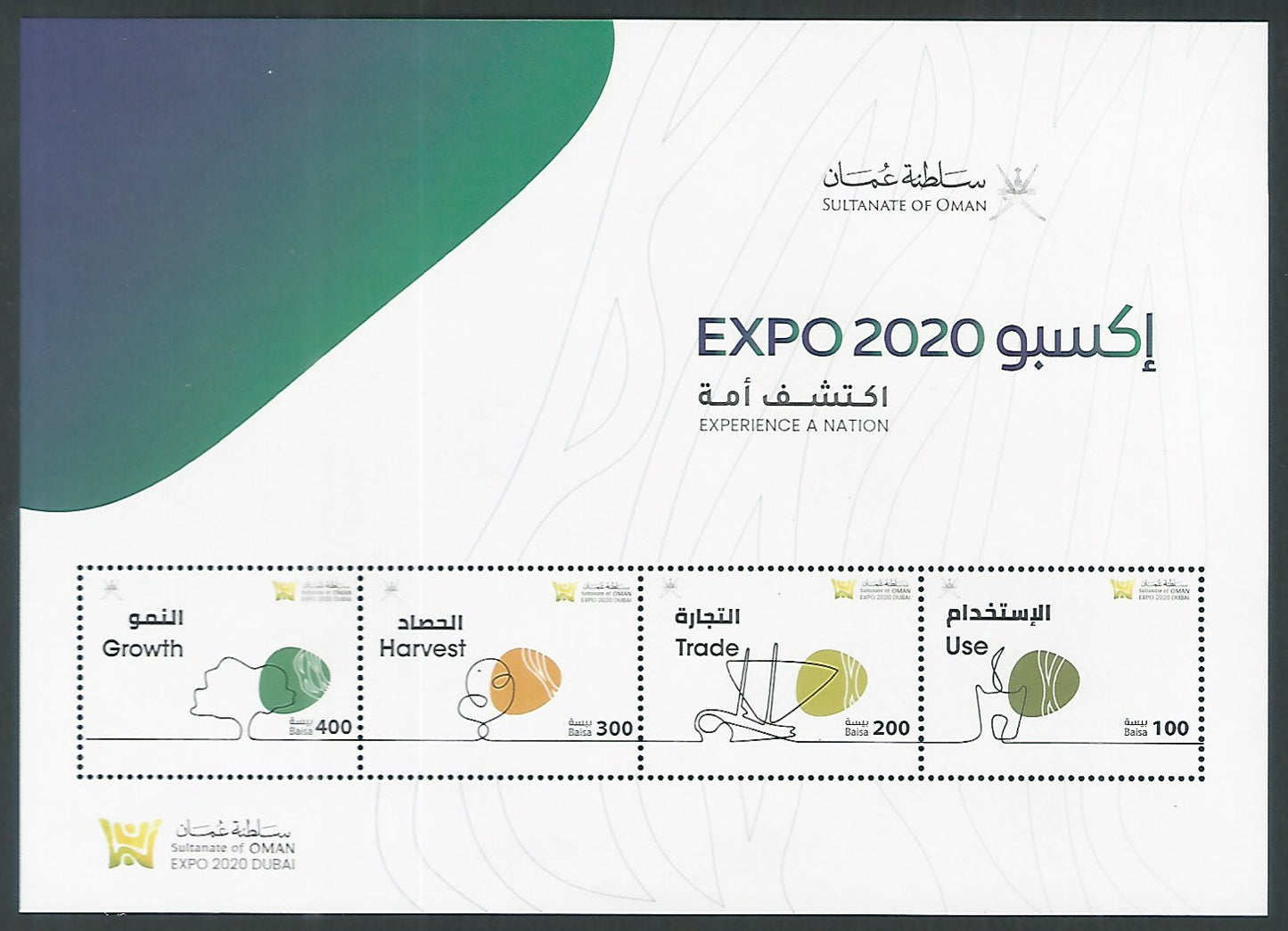 Oman MS Stamps – Expo Dubai Experience a Nation , Growth , Harvest , Trade and Used, 2020 – DS9240