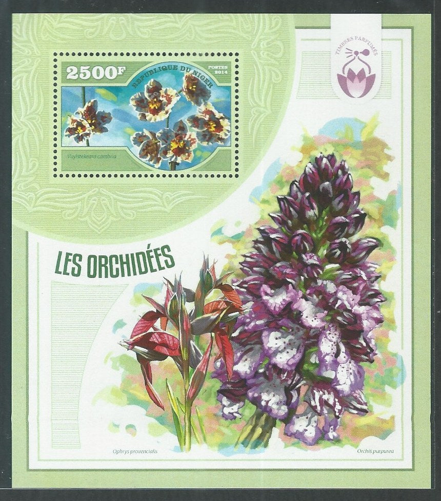 Niger MS Stamps – Orchids – Odd vareity / Unusual – Scented / Perfumed stamps, 2014 – DS9247