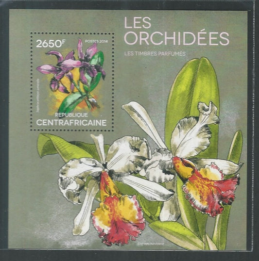 Central Africa MS Stamps – Orchids – Odd vareity / Unusual – Scented / Perfumed stamps, 2014 – DS9257