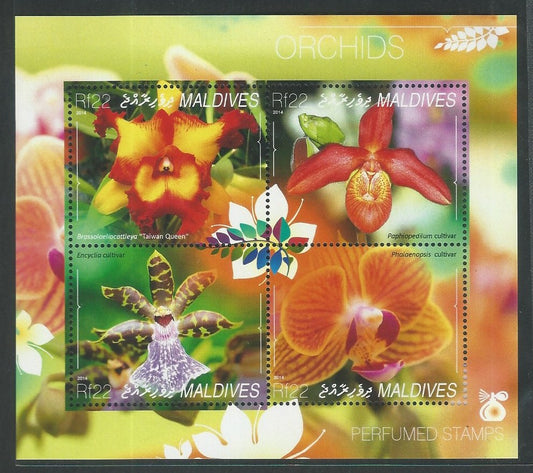 Maldives MS Stamps – Orchids – Odd vareity / Unusual – Scented / Perfumed stamps, 2014 – DS9258