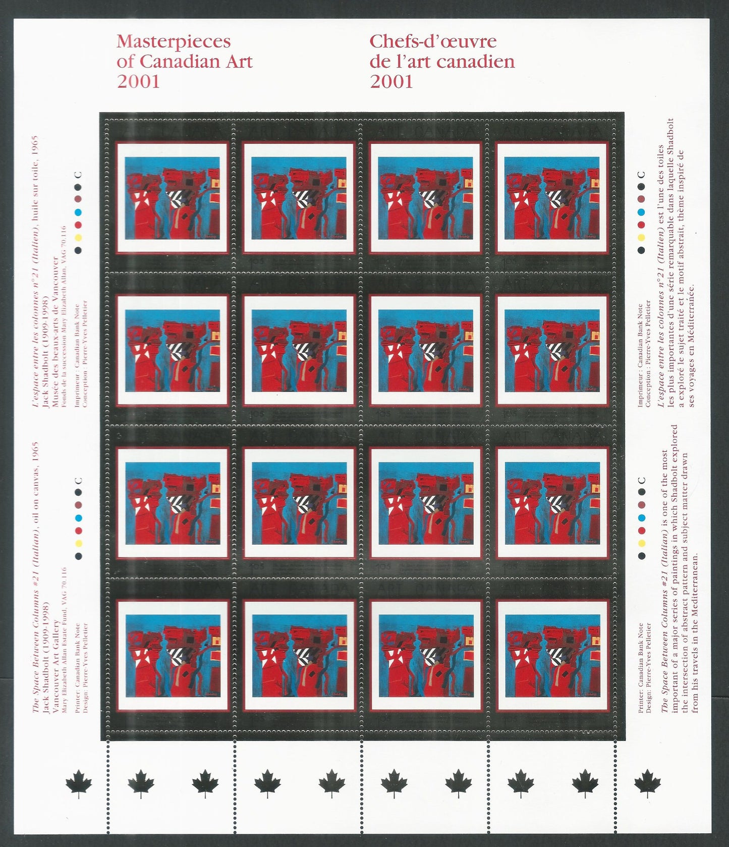 Canada stamps- full Sheet – Master Pieces of Candaian Art 2001 with Gold Foil – DS9276