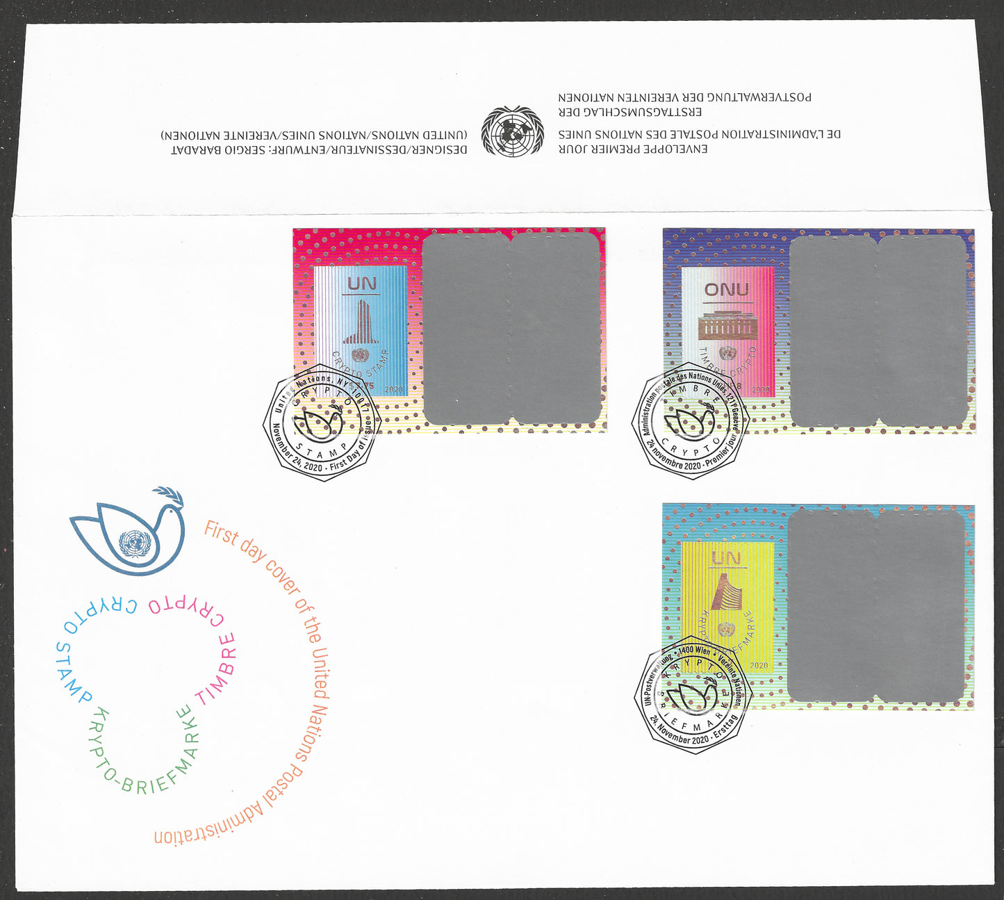 United National Fist Crypto stamps issued , 2020 All 3 in One FDC, Rare Total Qty Printed 90000 each 30000 to Limited. ( Not Opened the Scracth Area of the Crypto Very Rare - DSA0487