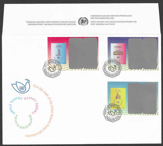 United National Fist Crypto stamps issued , 2020 All 3 in One FDC, Rare Total Qty Printed 90000 each 30000 to Limited. ( Not Opened the Scracth Area of the Crypto Very Rare - DSA0487