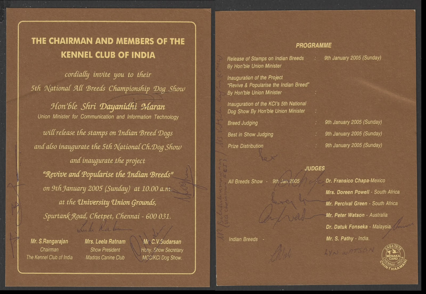 India - Invitation on Breeds of Dogs with 11 Persons Autographed . Extremely Rare, 2005 - DSA0490