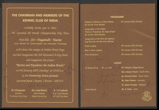 India - Invitation on Breeds of Dogs with 11 Persons Autographed . Extremely Rare, 2005 - DSA0490