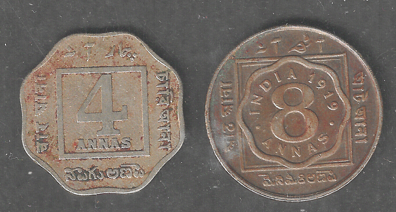 British India King George Coisn of 8 as and 4 as, Calcutta Mint, Used - special Lot 30