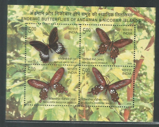 Indian Stamps - Miniature Sheets - Endemic Butterflies of Andaman and Nicobar Islands,  2008 - EEE111