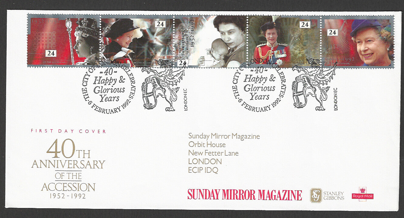 Great  Britain FDC - Sunday Mirror Magazine 40th Anniversary of the Accession, 1992 - GGG00174