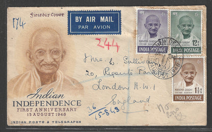 India 1948 Mahatma Gandhi Offical FDC to England with 1 1/2a , 3 1/2 and 12 as, Used Rare - GGG00419