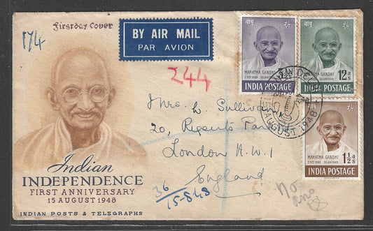 India 1948 Mahatma Gandhi Offical FDC to England with 1 1/2a , 3 1/2 and 12 as, Used Rare - GGG00419