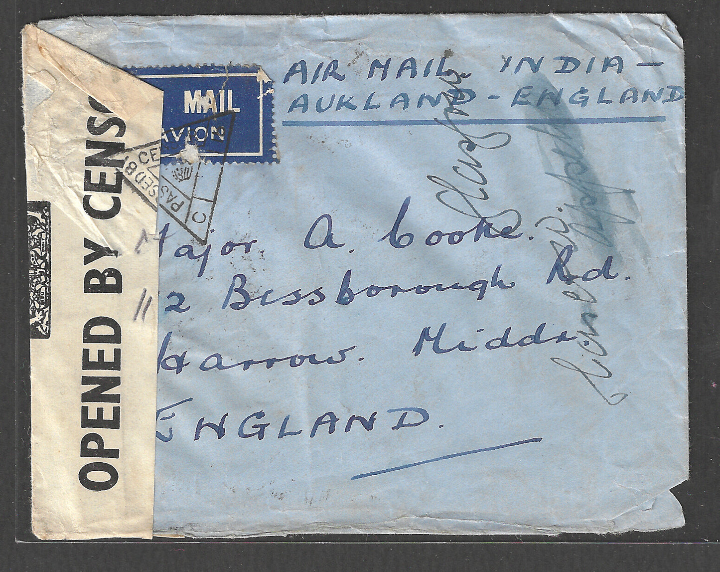 India to England Postally used Airmail with Censor Label and chop, 1941- GGG00422