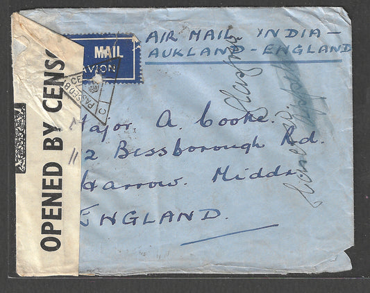 India to England Postally used Airmail with Censor Label and chop, 1941- GGG00422
