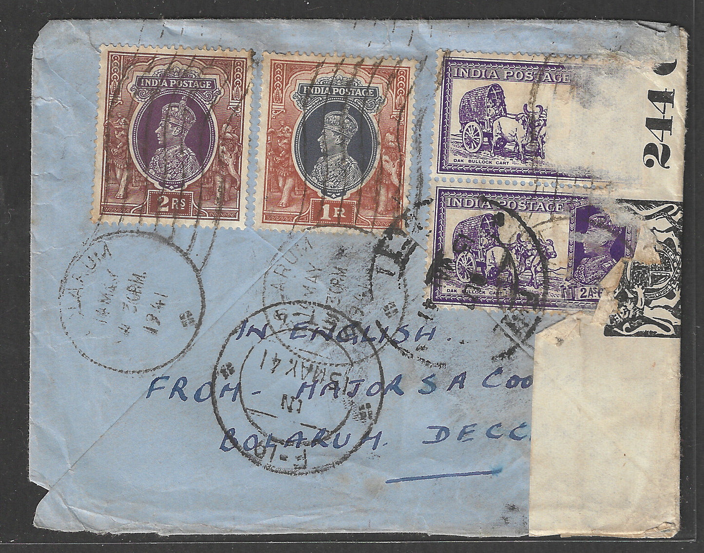 India to England Postally used Airmail with Censor Label and chop, 1941- GGG00422
