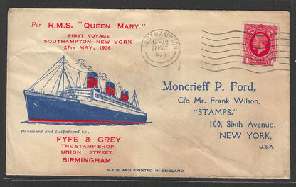 1936 RMS Queen Marry 1 st Voyage Southampton to NY ,Ship Cover - GGG00423