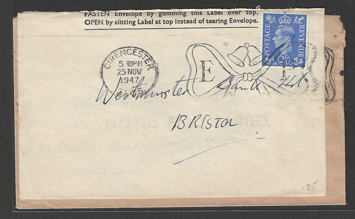 Great Britain Postally used Paper Economy Cover with Bell Cancellation, 1947 - GGG00426