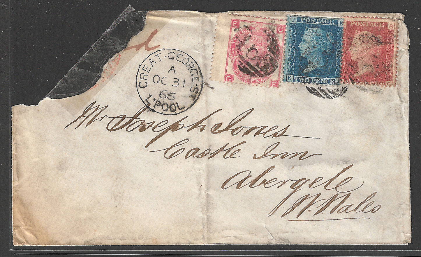 Great Britain Postally used Cover - Queen Victoria 3 Combination Stamps , 1865 - GGG00427