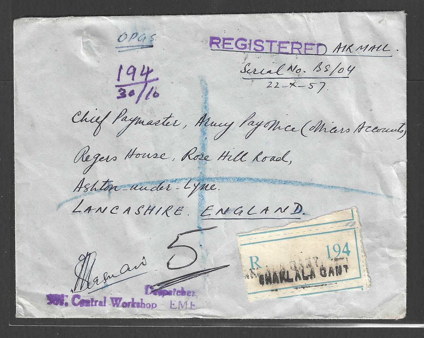 Pakistan to England Offical Postally used Registered Cover with Chaklala Cantt Cancellation, 1957 - GGG00429