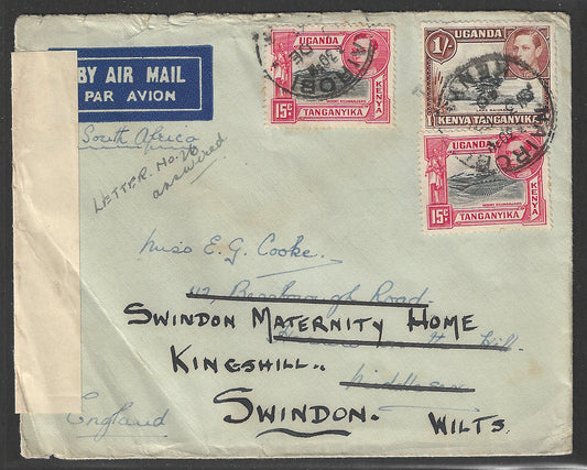 South Africa to England Postally used Airmail with Censor Label , 1941  - GGG00430