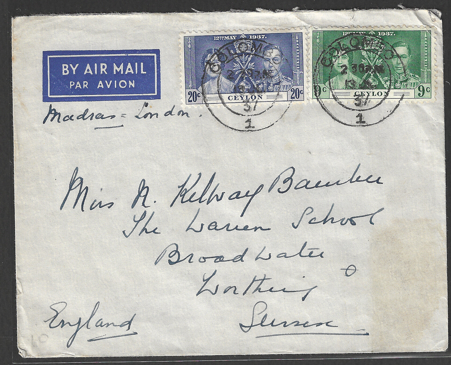 Ceylon Stamps - Colombo to England postally used Coroation set stamps on Cover, 1937  - GGG00431
