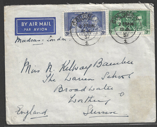 Ceylon Stamps - Colombo to England postally used Coroation set stamps on Cover, 1937  - GGG00431