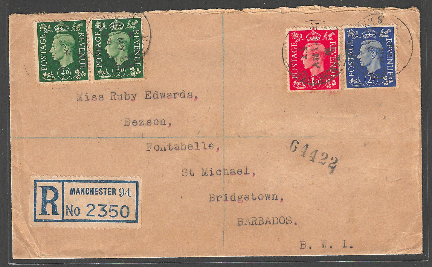 Manchester Registered Used Cover to Barbadoa, 1937  - GGG00432
