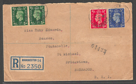 Manchester Registered Used Cover to Barbadoa, 1937  - GGG00432