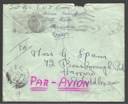 Egypt to England postallyused Air mail Cover with Multiple stamps , 1942  - GGG00433