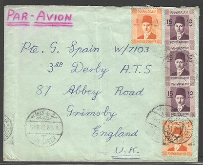 Egypt to England postally used Airmail Cover with Multiple stamps , 1942 - GGG00434