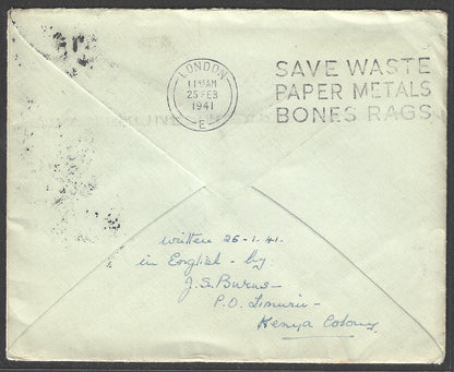 South Africa to England Postally used Airmail Cover with Slogan Cancellation , 1941 - GGG00435