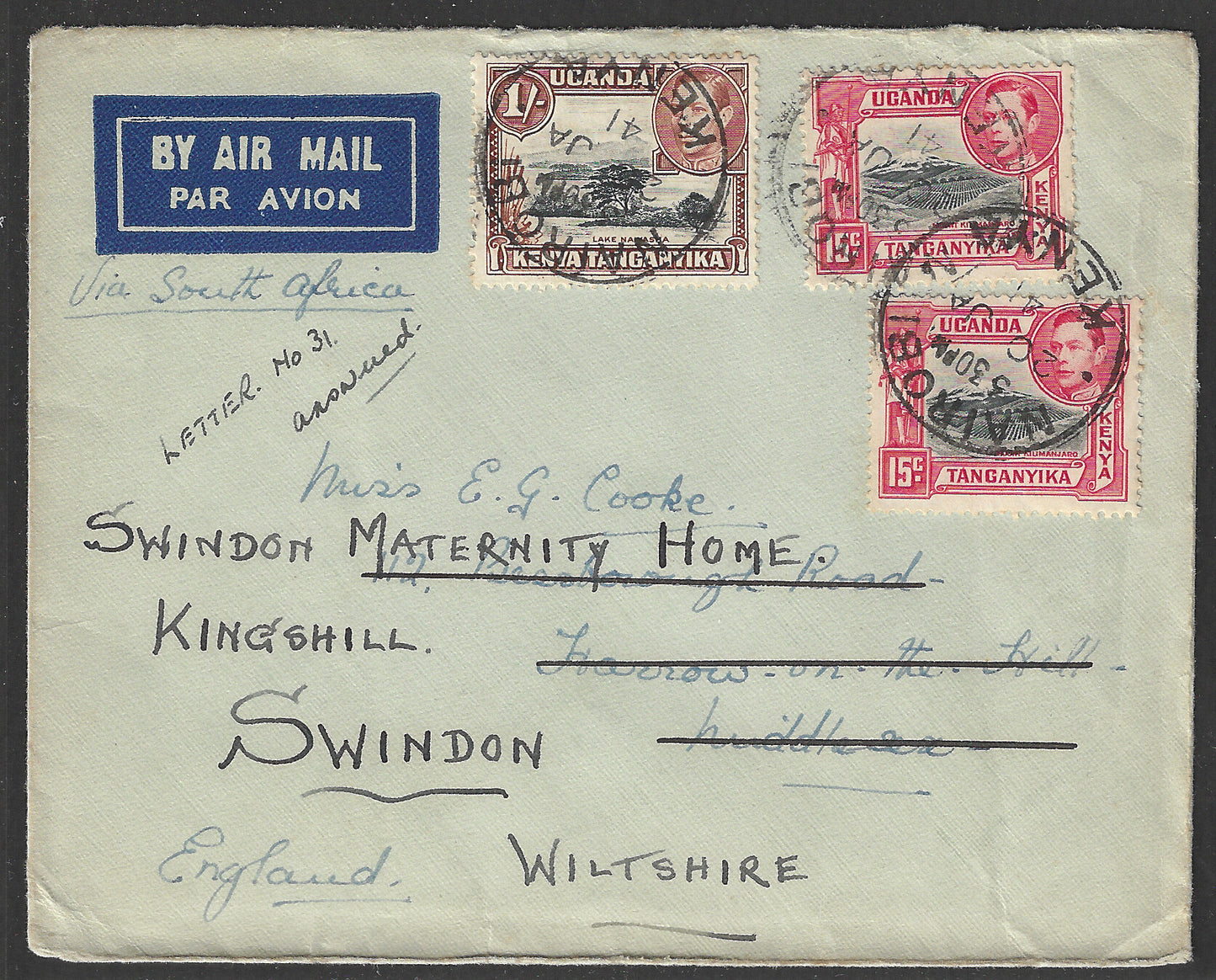 South Africa to England Postally used Airmail Cover with Slogan Cancellation , 1941 - GGG00436
