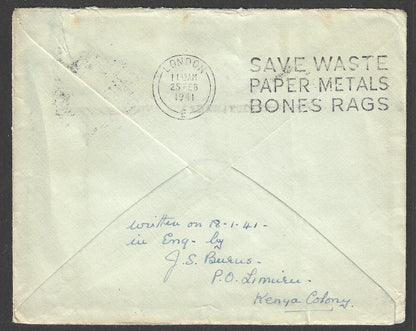 South Africa to England Postally used Airmail Cover with Slogan Cancellation , 1941 - GGG00436