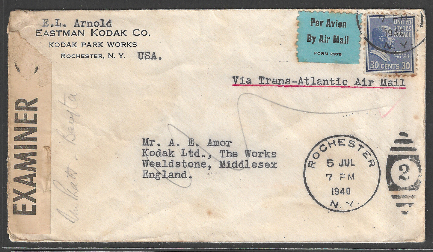 USA to England Postally used Cover with Opened by Examiner Label, 1940 - GGG00437