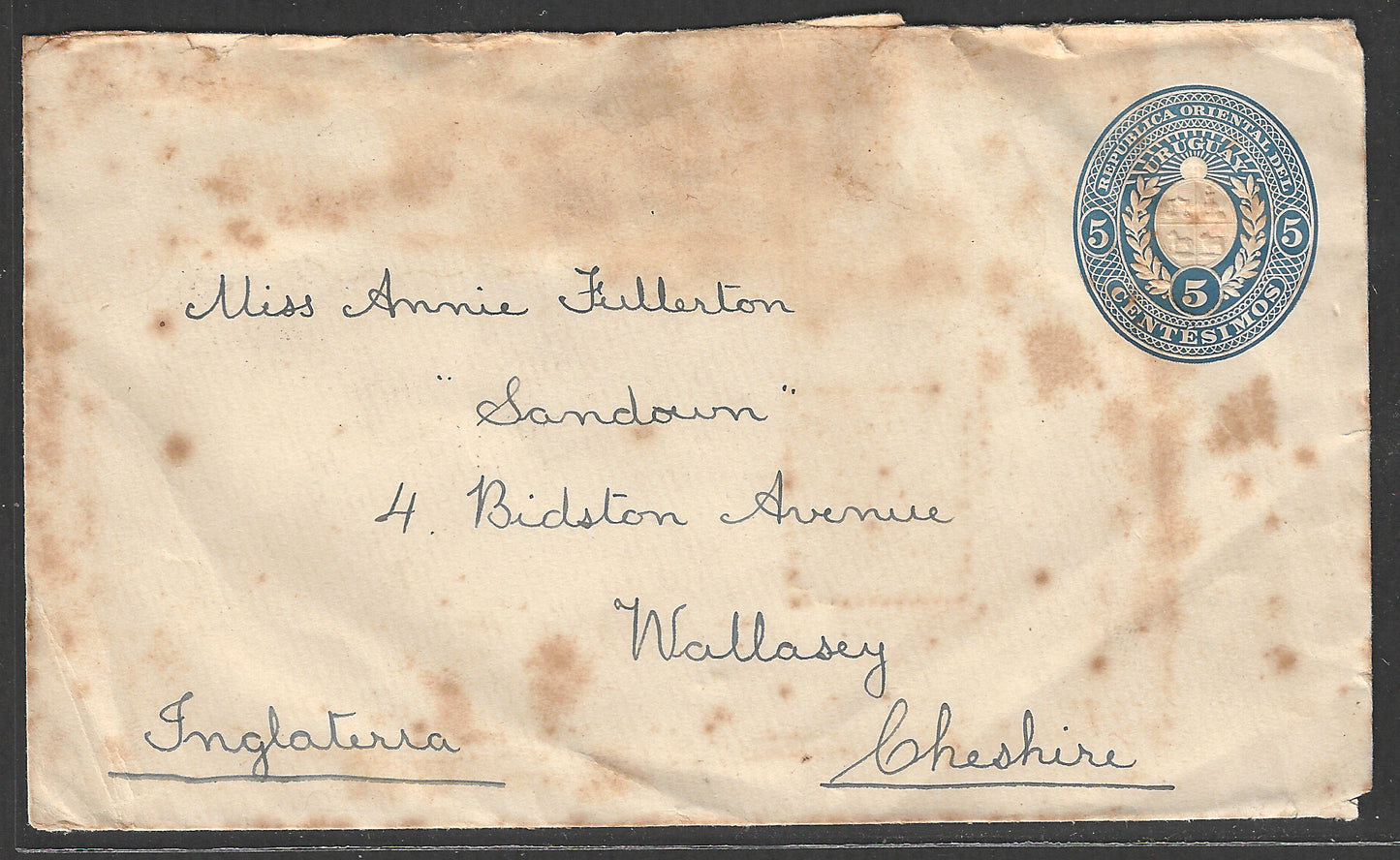Montevideo Uruguay Postal Stationary to Cheshire , 1903 - GGG00440