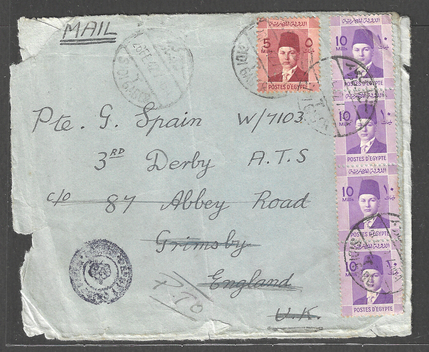 Egypt to England postally used Airmail Cover with Multiple stamps with Censor Chop Damaged , 1942 - GGG00441