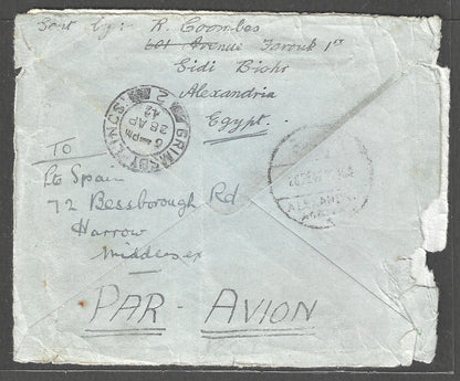 Egypt to England postally used Airmail Cover with Multiple stamps with Censor Chop Damaged , 1942 - GGG00441
