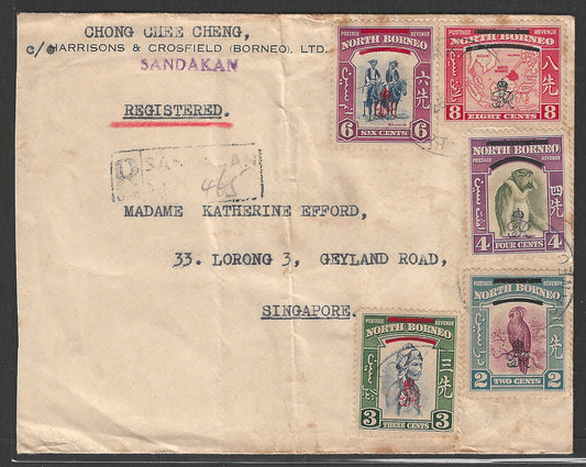 North Borneo ( Sandakan ) Registered Cover to Singapore with multiple Stamps with Red Oveprint, 1948 ,  Rare- GGG00443