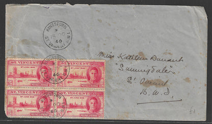 St. Vincent to BWA Postally used Cover with Vitory Multiple stamps on Cover , 1946, Damage- GGG00444