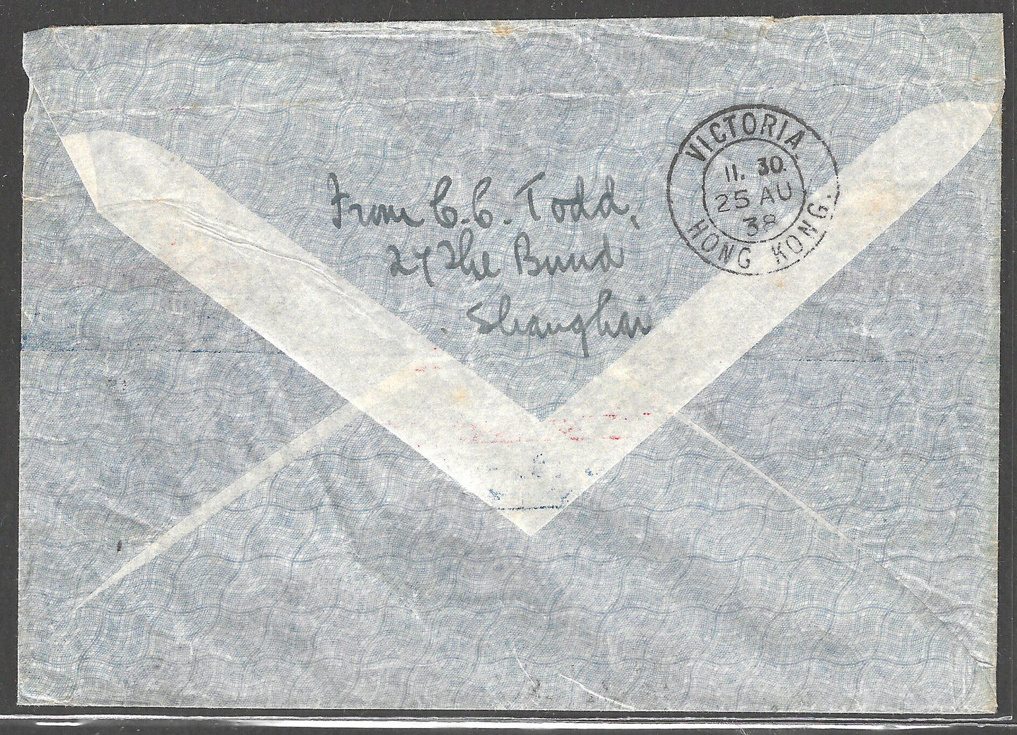 China ( shanghai ) to London Postally used Airmail with Victoria Hongkong Cancellation, 1938 - GGG00445