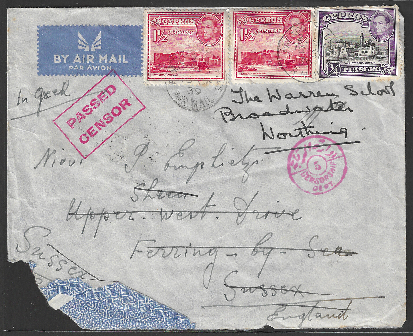 Cyprus to England Postally used cover by Sea along with Passed Censor Chop , 1939, Corner Damaged - GGG0047