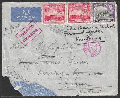 Cyprus to England Postally used cover by Sea along with Passed Censor Chop , 1939, Corner Damaged - GGG0047