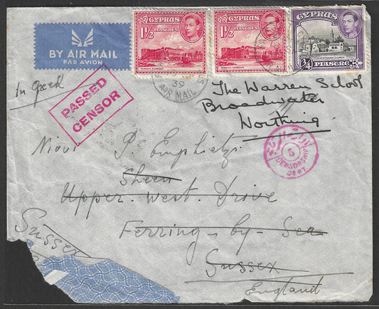 Cyprus to England Postally used cover by Sea along with Passed Censor Chop , 1939, Corner Damaged - GGG0047