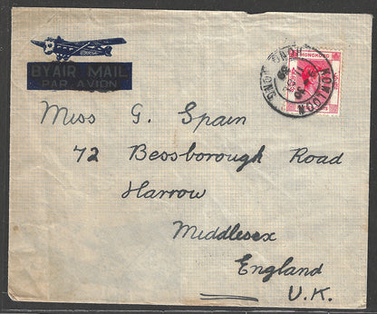 Hong Kong to England Postally used Cover , 1939 - GGG00451