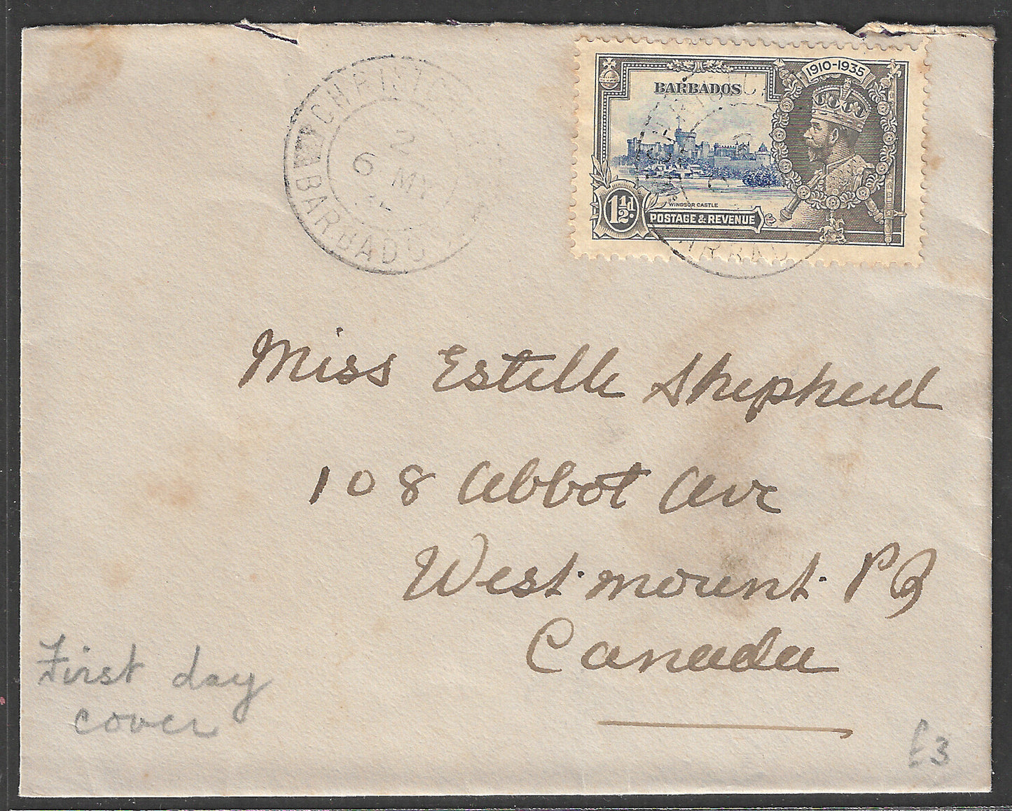 Barbados FDC Postally used Cover to Canada , 1935 - GGG00461