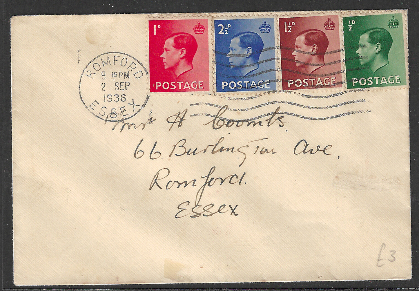 GB stamps Complete of 4 Values Definitives of KG VI , Postally used to Essex , 1936 - GGG00462