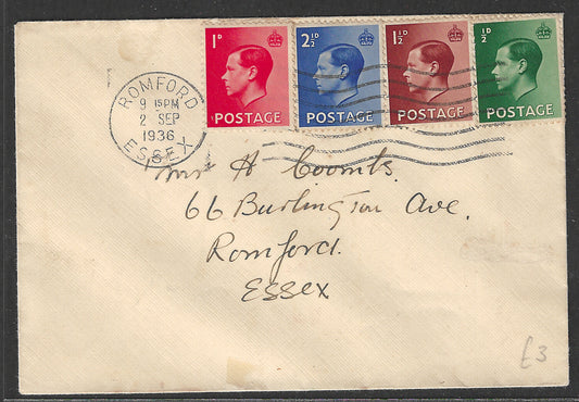 GB stamps Complete of 4 Values Definitives of KG VI , Postally used to Essex , 1936 - GGG00462