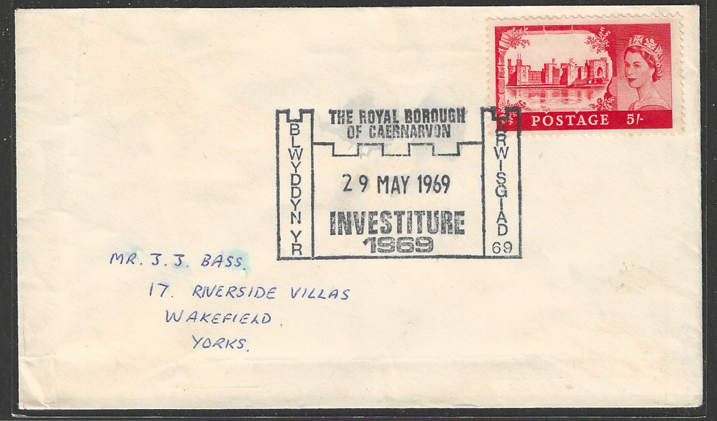 Great Britain Special Cancellation The Royal borough of Caernarvon , 1969 wit 5 Shilling stamps - GGG00465