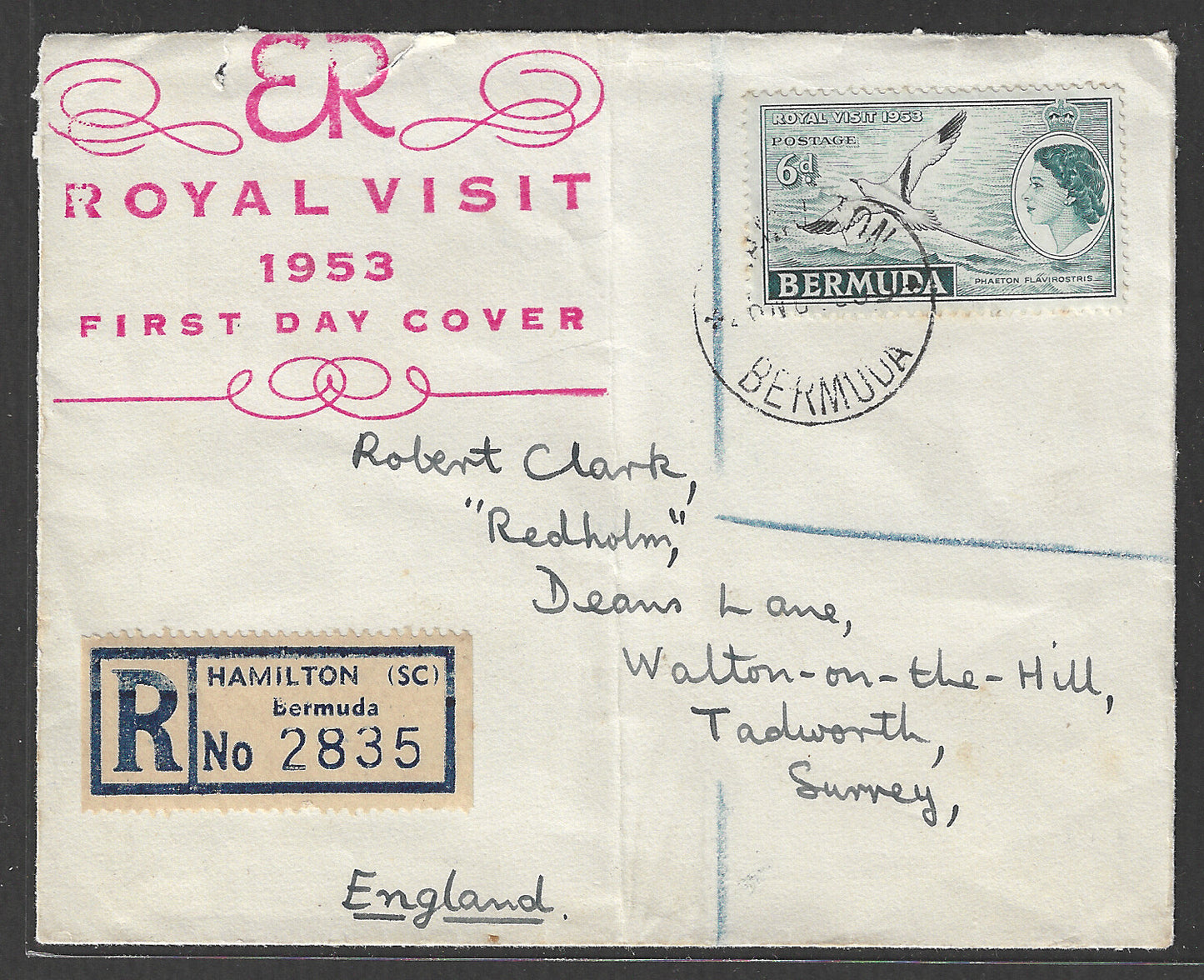 Bermuda Stamps - Royal Visit FDC 1953 Registered Postally used Cover to England - GGG00468